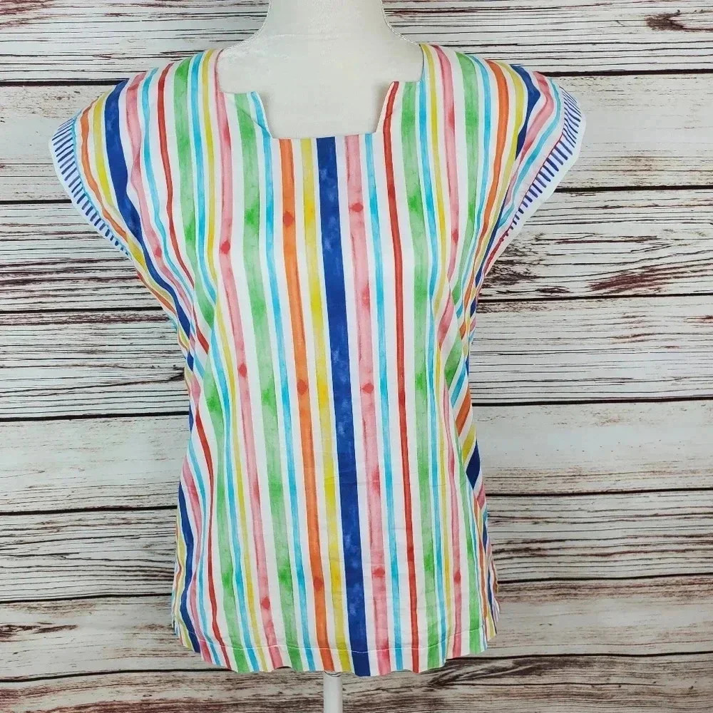 Brooke Wright Womens XS/S White/Rainbow Stripe Square Neck Sleeveless Top    #33